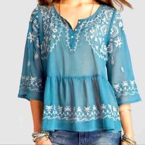 Free People - Pennies Sequel White Embroidered Floral Sheer Blouse Size Small